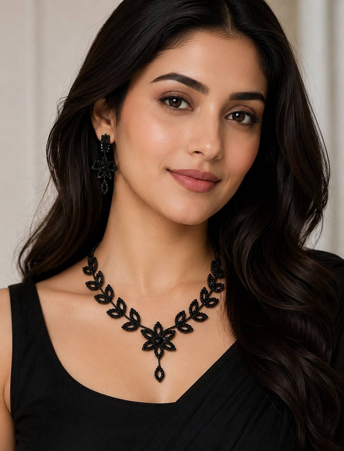 ALIZ FASHION Black Beaded Floral Leaf Necklace Set Cubic Zirconia Enamel, Palladium, Rhodium Plated Stone, Oxidised Silver, Crystal, Alloy Necklace