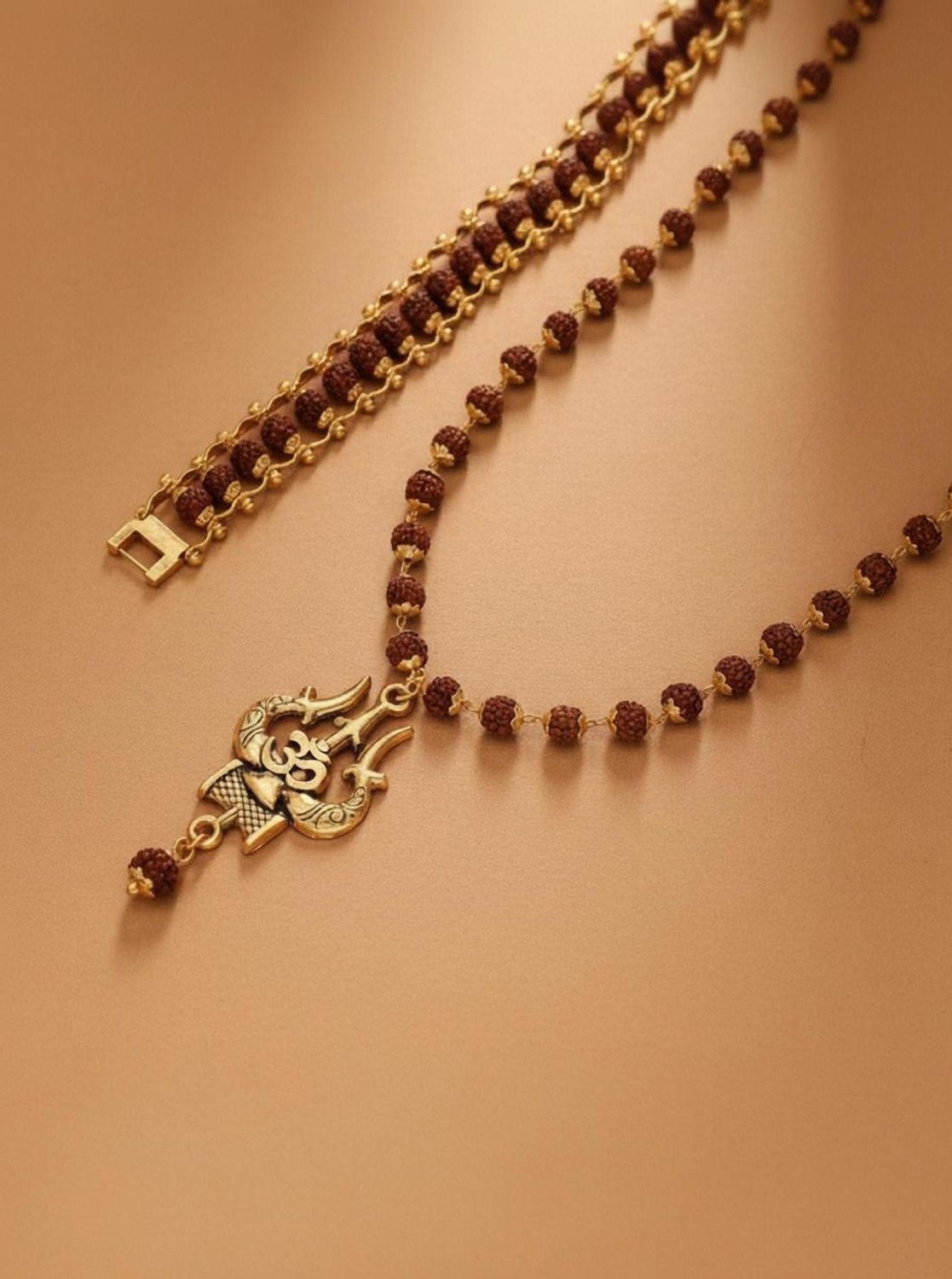 Image of DIVINE HINDU Gold Plated Om Shiva 54 Bead Trishool Necklace | Rudraksha Brown Bracelet Combo Gold-plated Plated Wood Necklace
