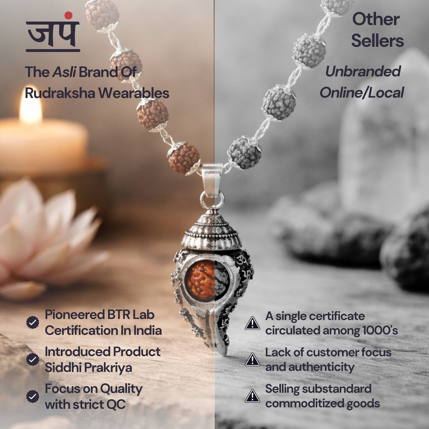 Image of Japam Silver Plated Shiv Shankh Pendant Mala for Spiritual Protection Rudraksha Necklace