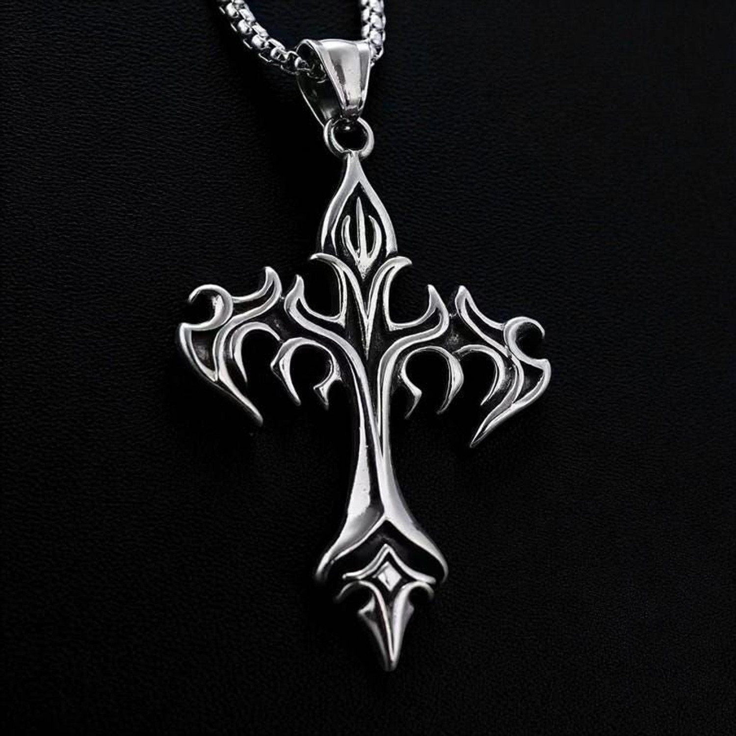 Image of Oscar Enterprises Pine Pearls Trending Jesus Cross Necklace For Men And Boys-04 Silver Plated Stainless Steel Chain