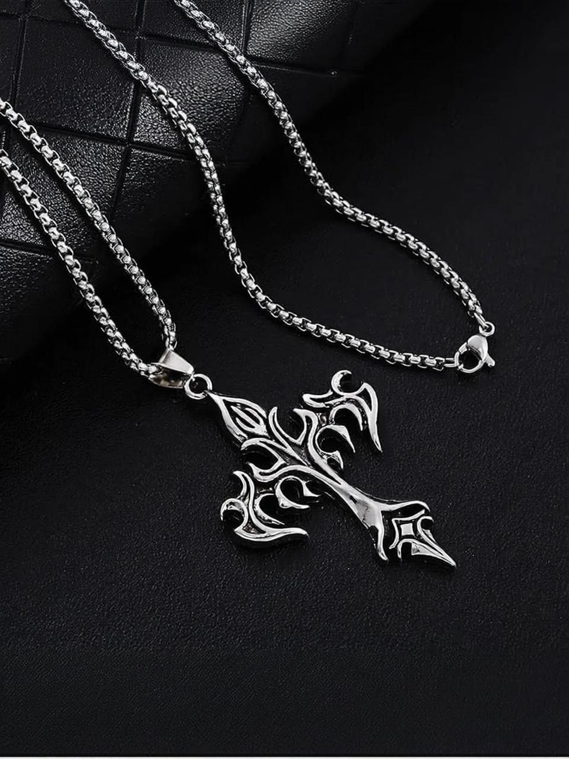 Image of Oscar Enterprises Pine Pearls Trending Jesus Cross Necklace For Men And Boys-04 Silver Plated Stainless Steel Chain