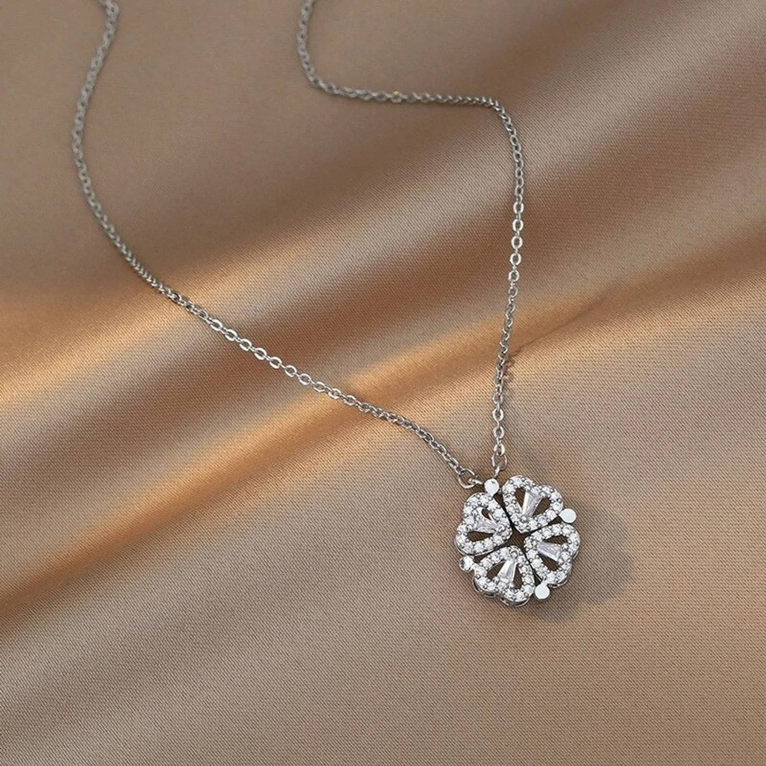 ACSS 2in1 Multi 4Heart Magnetic Toggle Pendant DiamondNecklace(Silver)(Women/Girls) Crystal Silver Plated Brass Chain