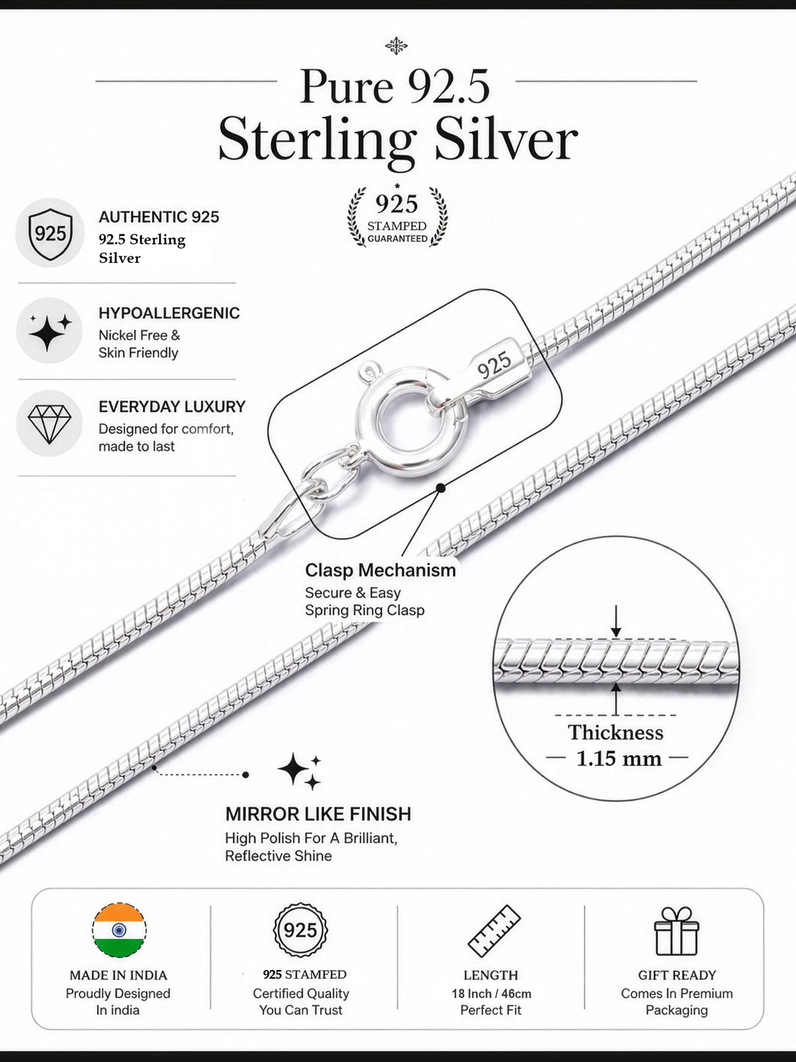 Image of Oraani 925 Sterling Silver Chain for Men and Women 925 Stamped 18 Inch Silver Chain