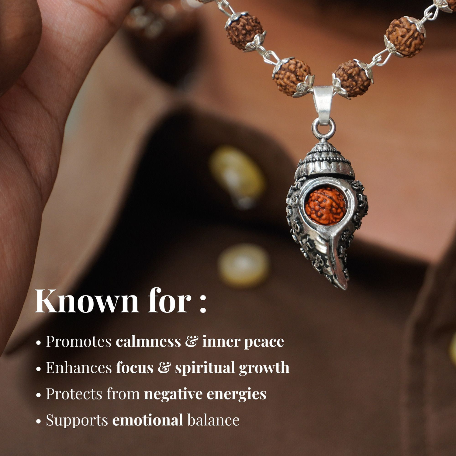Image of Japam Silver Plated Shiv Shankh Pendant Mala for Spiritual Protection Rudraksha Necklace