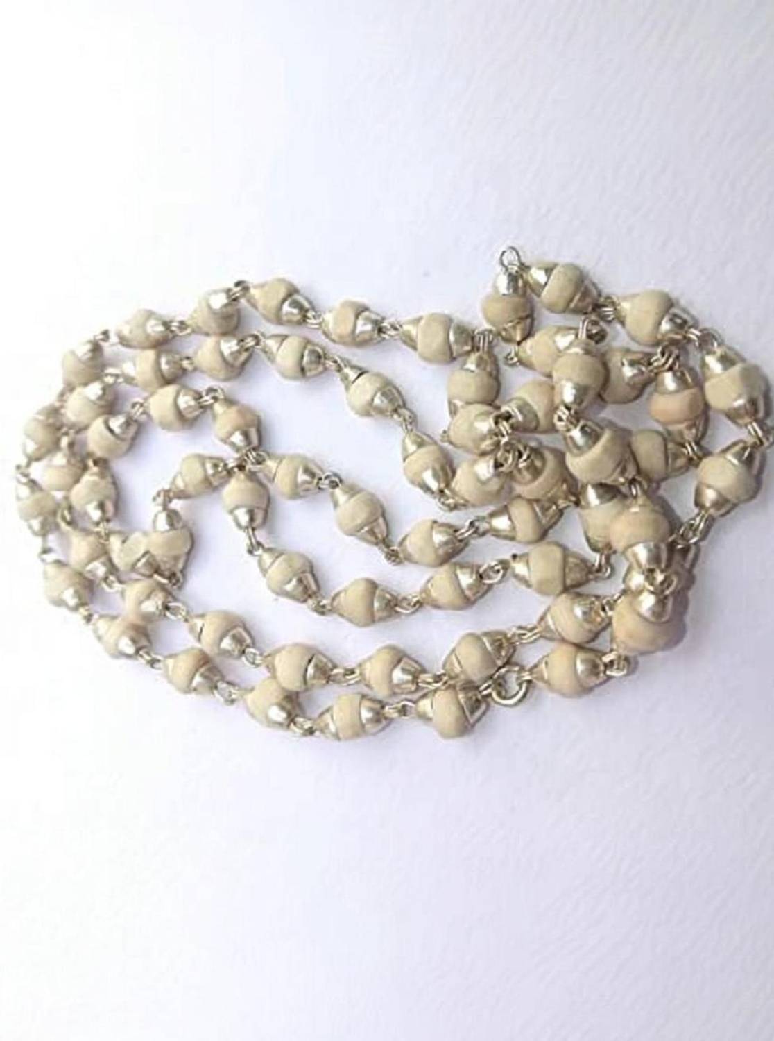 Apnisanskriti White Tulsi Beads Mala (63 Beads, 3mm Each) -Pack of 1 (Silver) Wood Chain