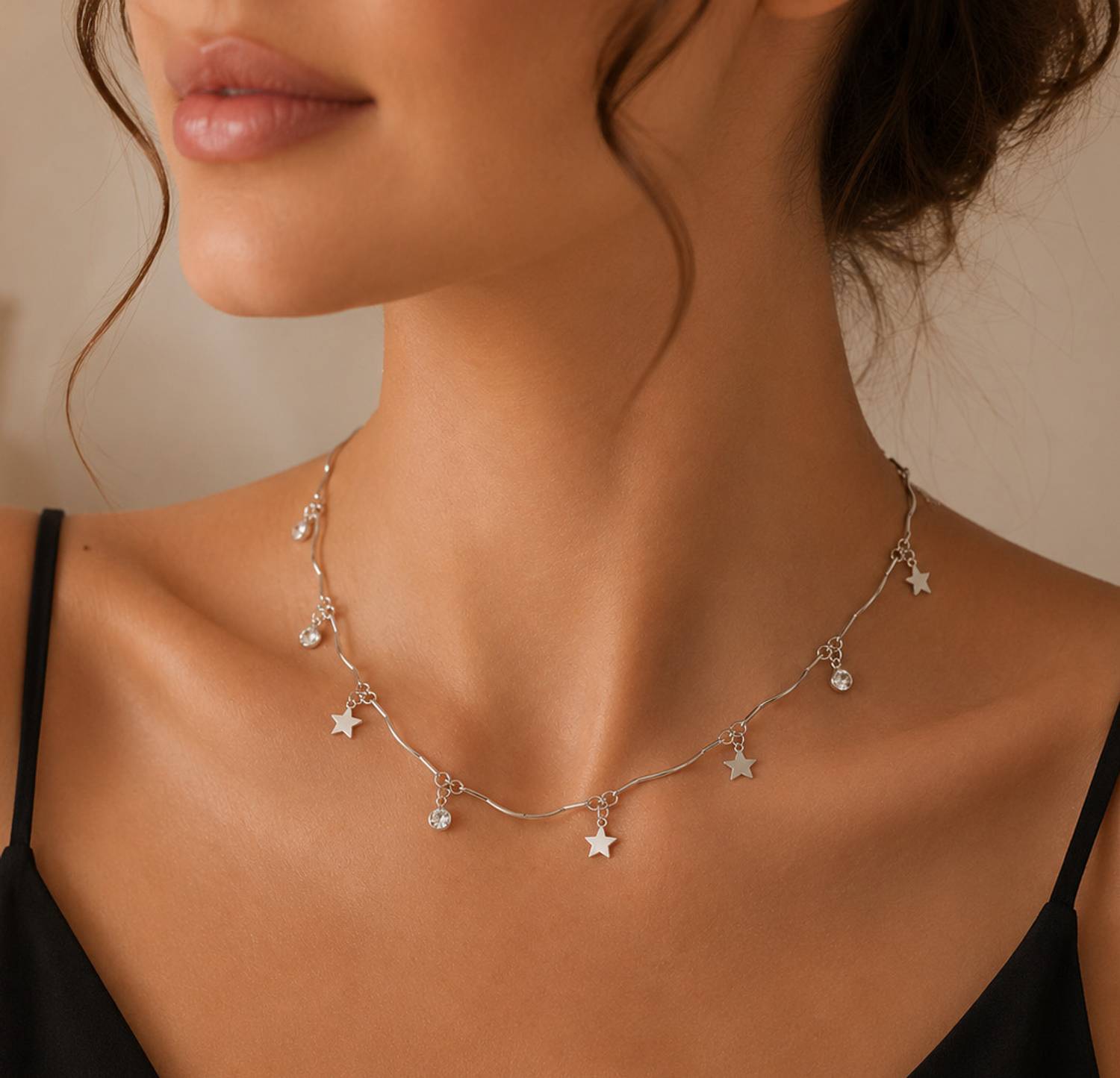 Amirag Moonlight Korean Star Charm Choker Necklace for Girls & Women Cubic Zirconia Silver Plated Brass Choker