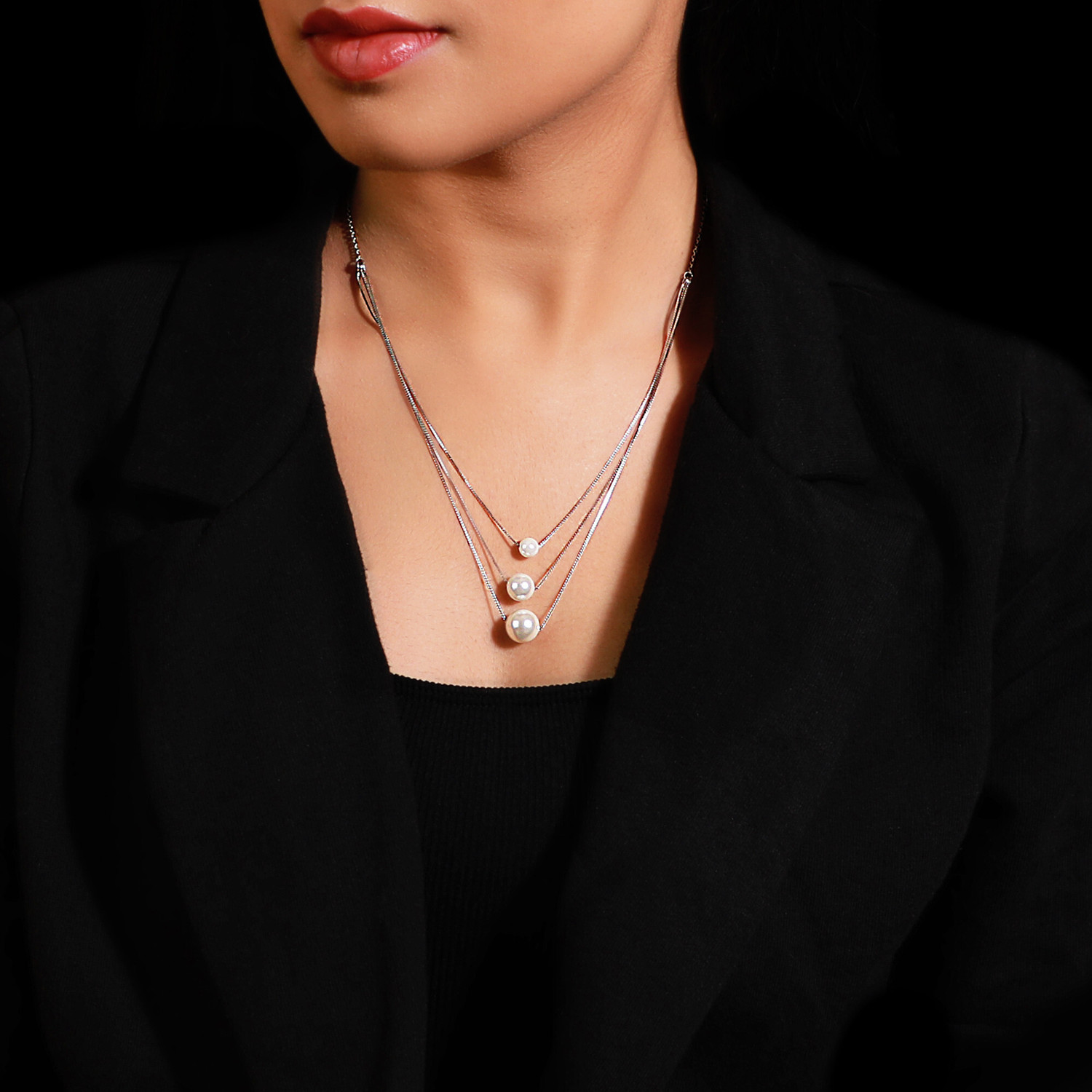 Image of GIVA 925 Silver Triple Layer Pearl Necklace for Women Pearl Rhodium Plated Sterling Silver Necklace