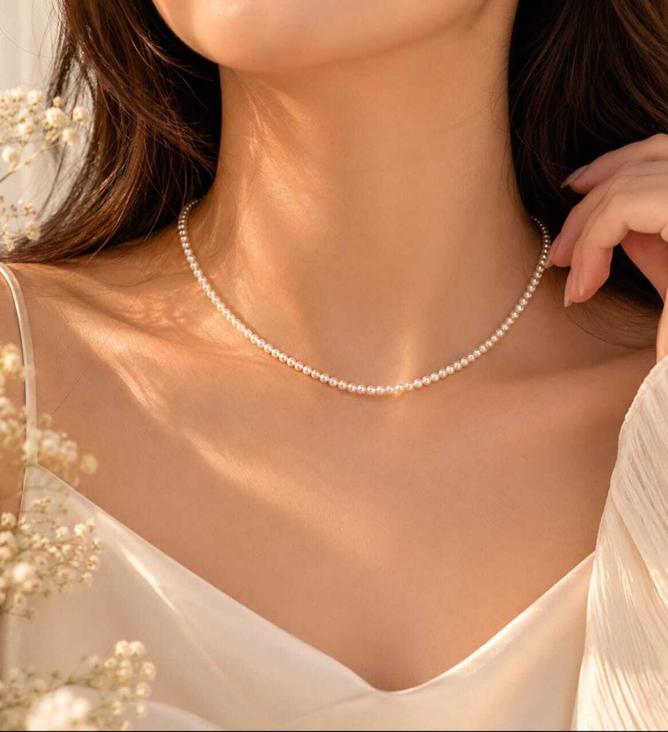 Algita White Pearl Single Line Mala Pearl, Crystal Necklace