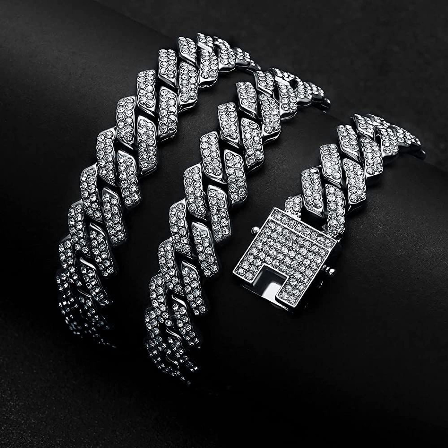Image of Adoxy Mc Stan Style Link Chain for Men, Women Chain Miami Necklace Iced Out Cubic Zirconia Sterling Silver Plated Stainless Steel Chain