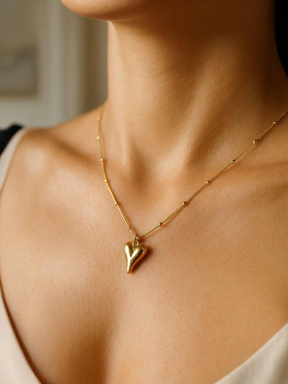 alinora jewels Alinora Jewels Gold-Tone Love Heart Pendant with Beaded Chain Necklace for Women Stainless Steel Pendant