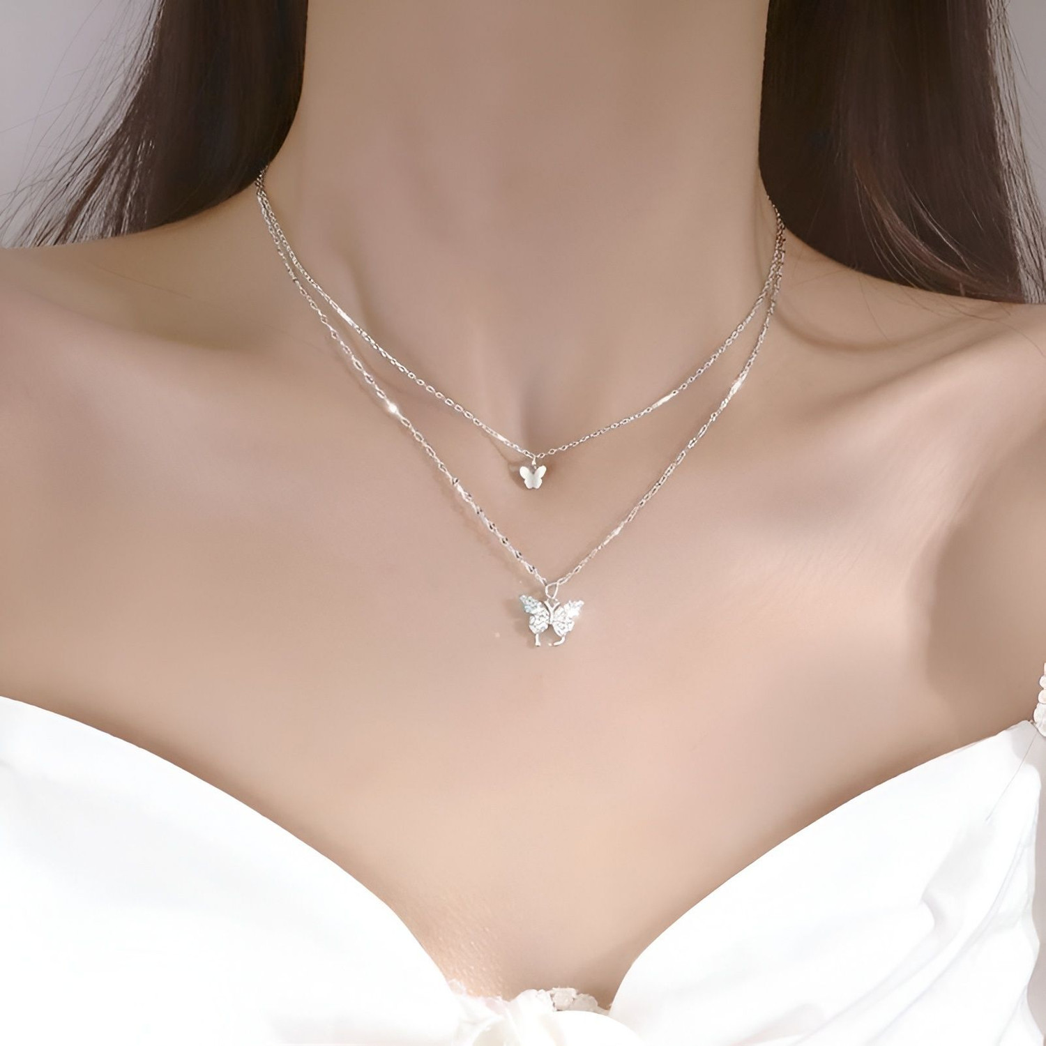 Image of silvia 925 Sterling Silver Double Layer Butterfly Pendant Necklace for Women & Girls Rhodium Plated Sterling Silver Necklace