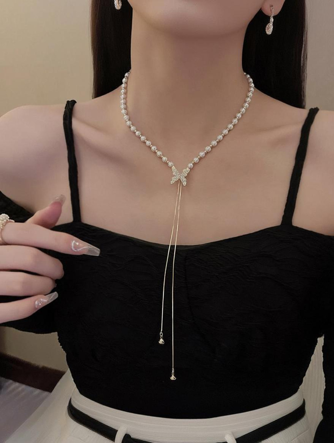 Image of TheVineGirl Golden Chain Pearl Butterfly Chain Necklace For Women Girls Gold-plated Plated Stainless Steel Necklace