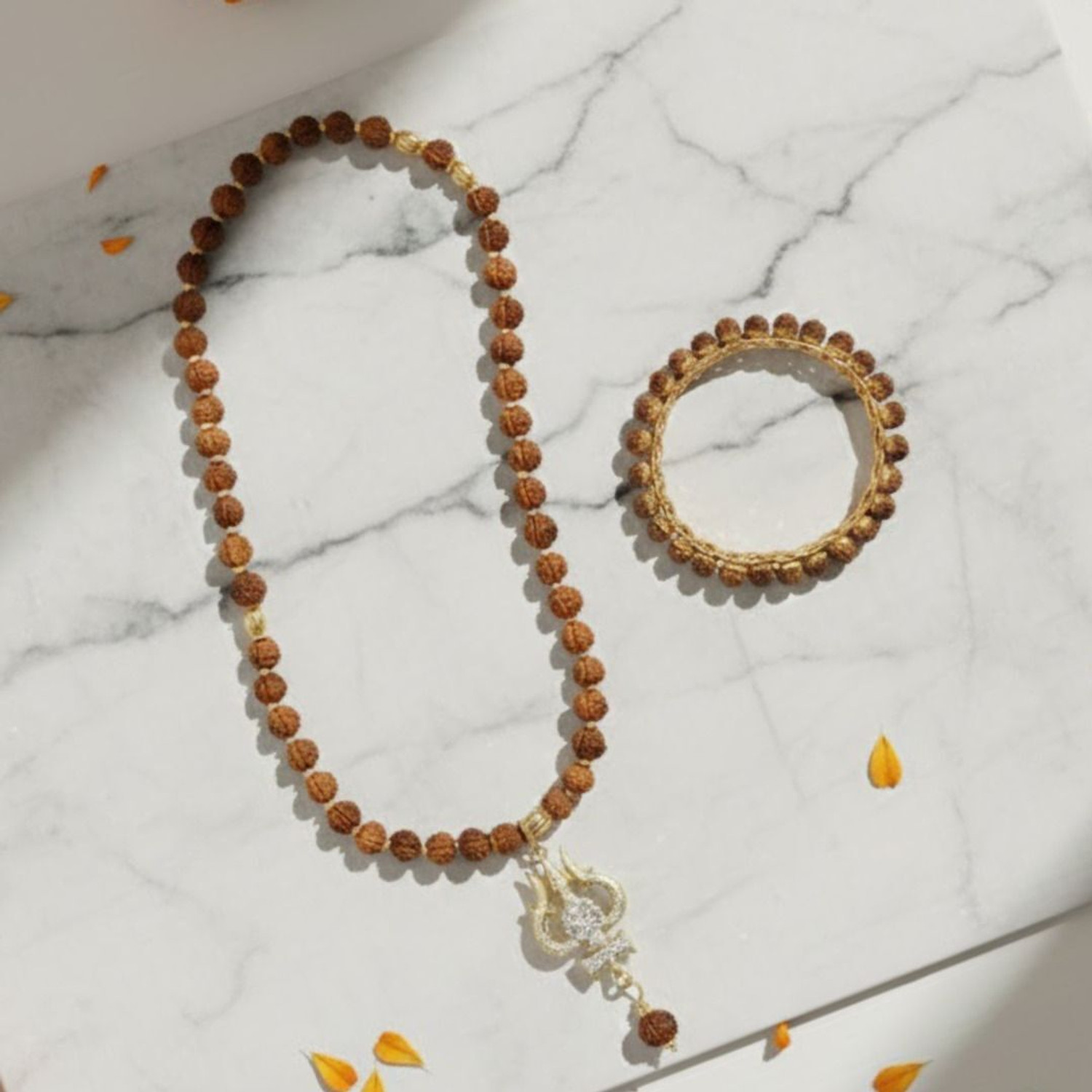 Image of DIVINE HINDU Gold Plated Om Shiva 54 Bead Trishool Necklace | Rudraksha Brown Bracelet Combo Gold-plated Plated Wood Necklace