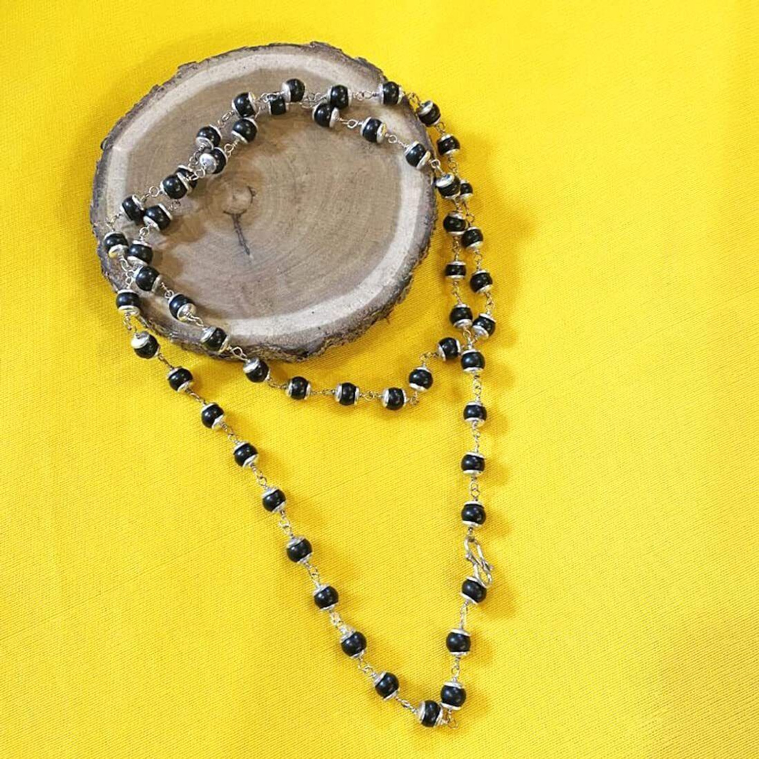 Image of kripa Real Black Mala, Natural Tulsi beads Silver Plated Metal Chain