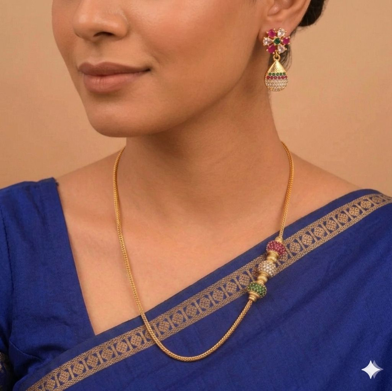 Image of VR Fashion HUB American 24 Inch Mugappu chain With Earrings For Women Diamond Gold-plated Plated Copper Chain