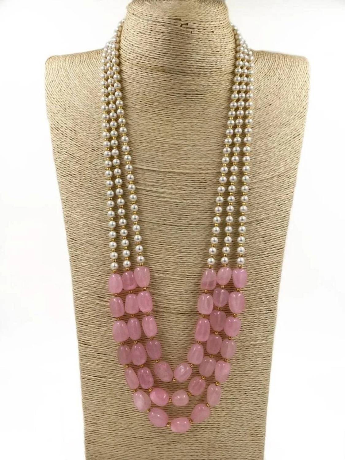 Aamrapali Silver Gems Pleasing Pearl stone Necklace in Green & White & Gold color Rose Quartz, Pearl Gold-plated Plated Stone, Alloy Necklace