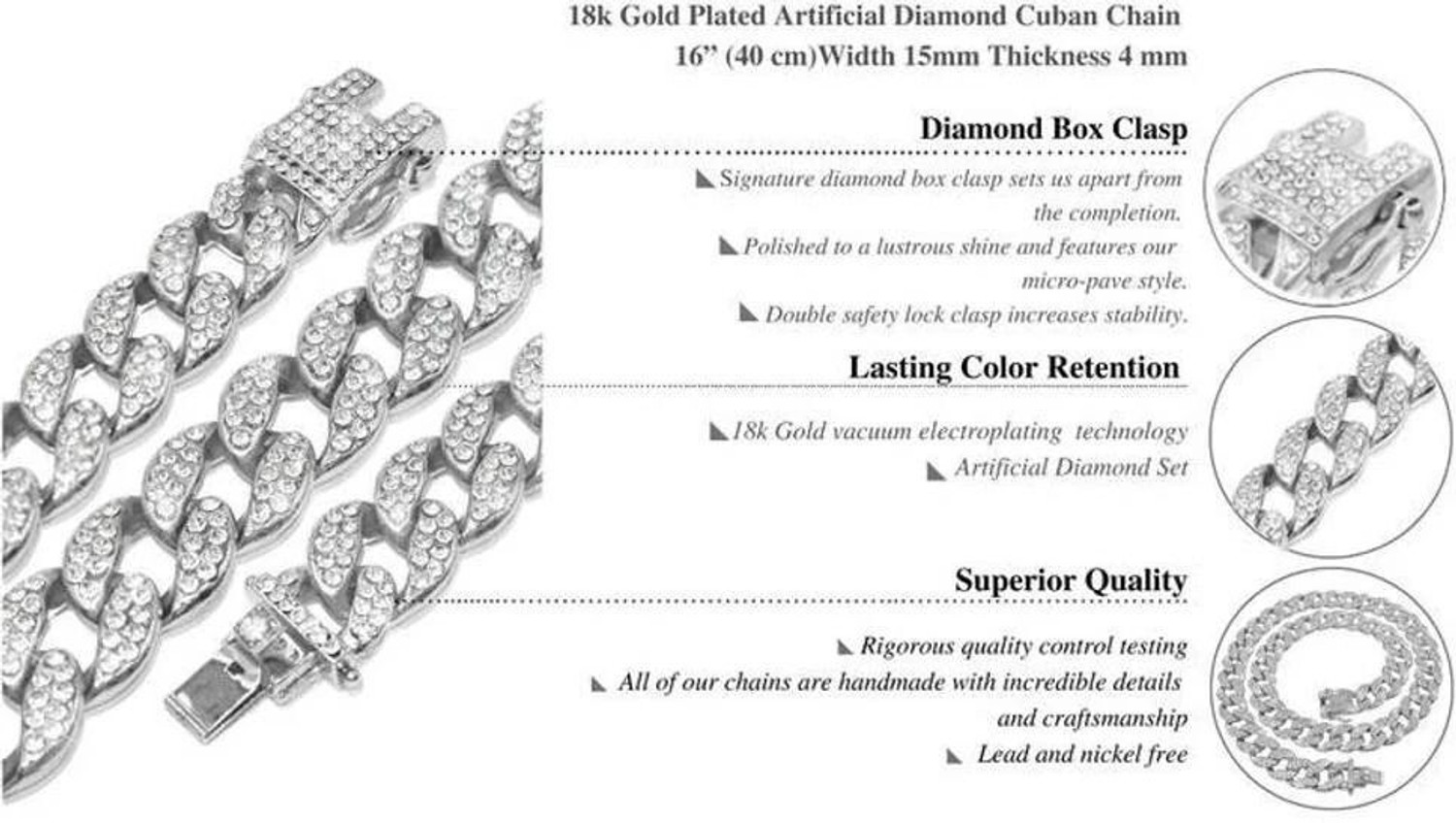 Image of SAFISHA Zick Zack Cuban Diamonds Plated Chain Cubic Zirconia Silver Plated Sterling Silver Chain