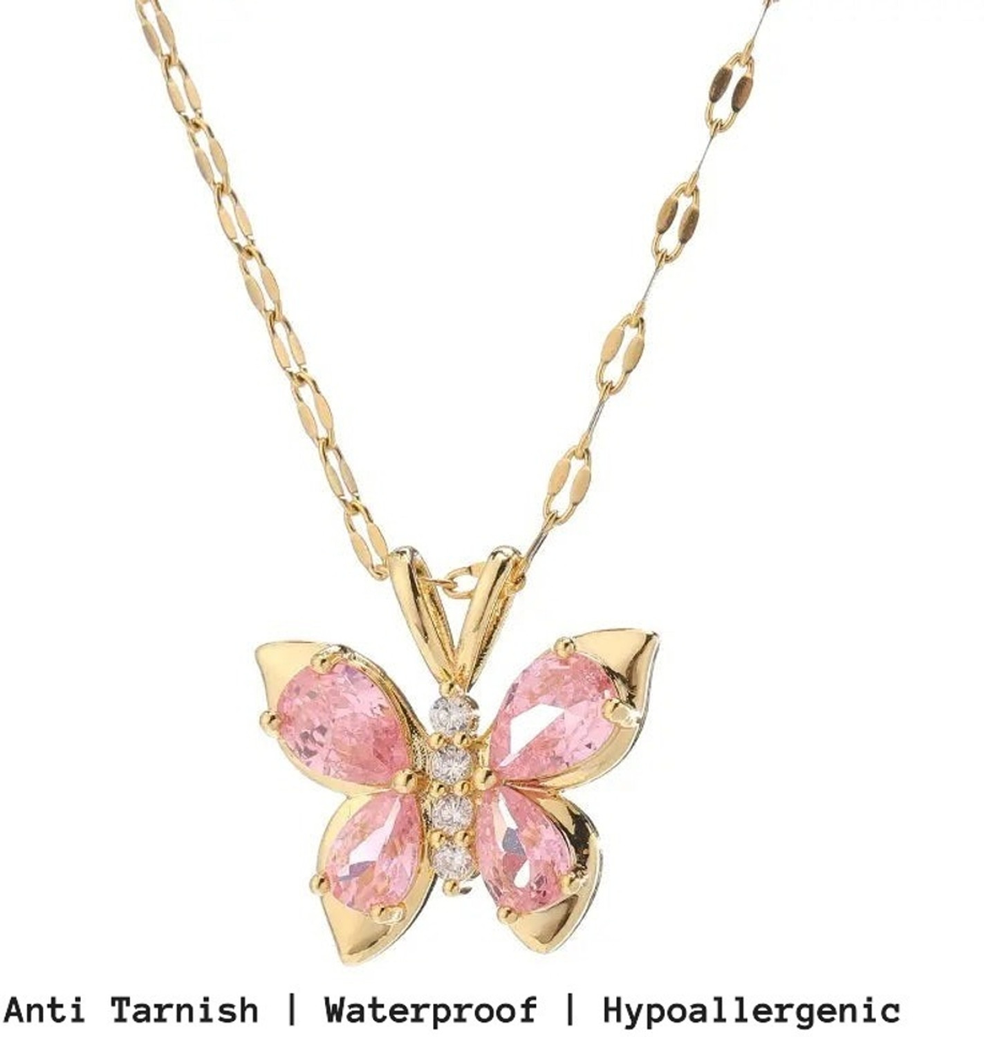 Image of XAYAH Anti Tarnish Gold Plated Pink Butterfly Pendant Dailywear Necklace Crystal Gold-plated Plated Stainless Steel Necklace
