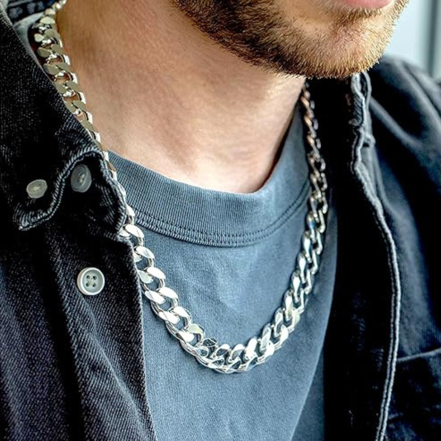 Image of salve SALVE Stainless Steel Chain Silver Stylish Long Curb Men Necklace for Fashion Silver Plated Stainless Steel Chain