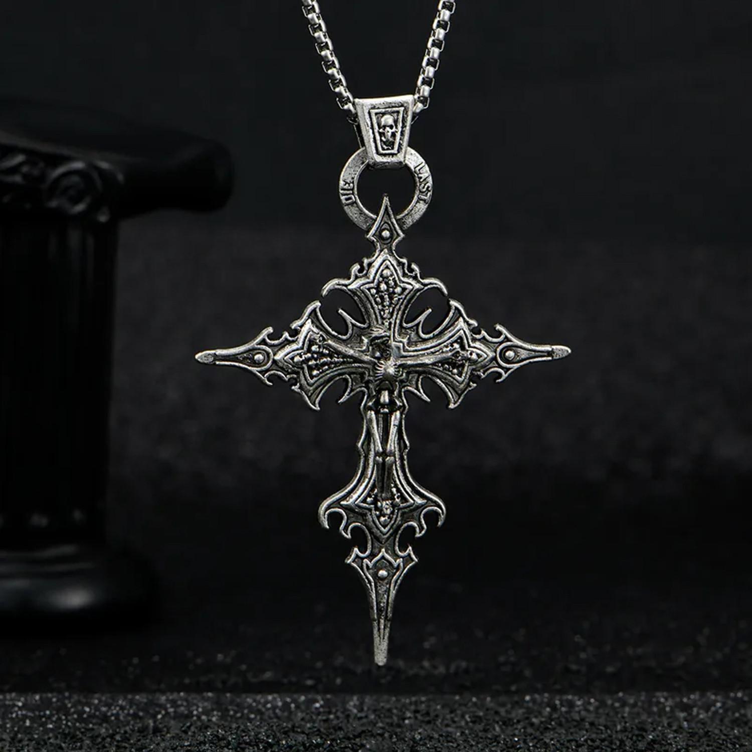Image of PIXFLIK Fashionable Retro Cross Skull Pendant Necklace Alloy Necklace Set