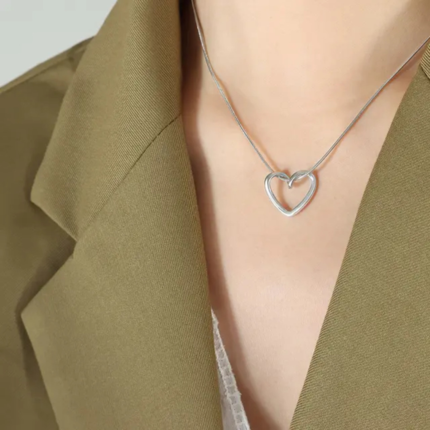 Image of SHIMMERA Silver Plated Heart Pendant Chain Necklace for Women & Girls Korean Style Silver Stainless Steel Pendant Set