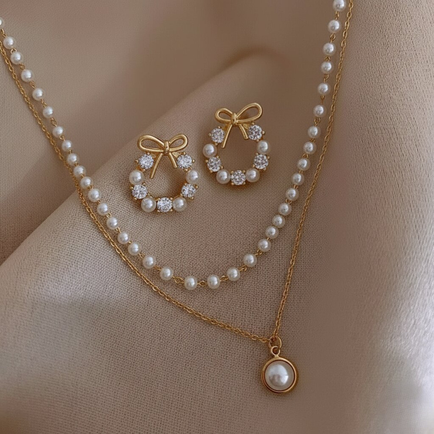 Image of Tiso Korean Pearl Gold Earrings & Chain Pendant Set for Women Girls Office Daily Wear Pearl, Cubic Zirconia, Crystal Alloy Chain Set