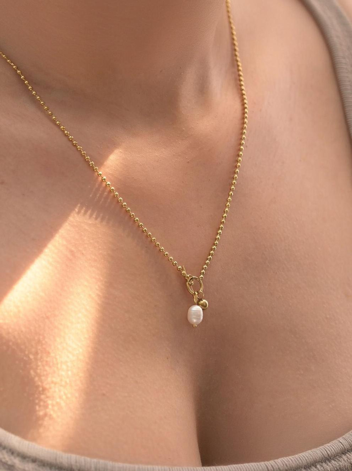 Image of PALMONAS Dainty Beaded Pearl Chain Pearl Gold-plated Plated Stainless Steel Necklace