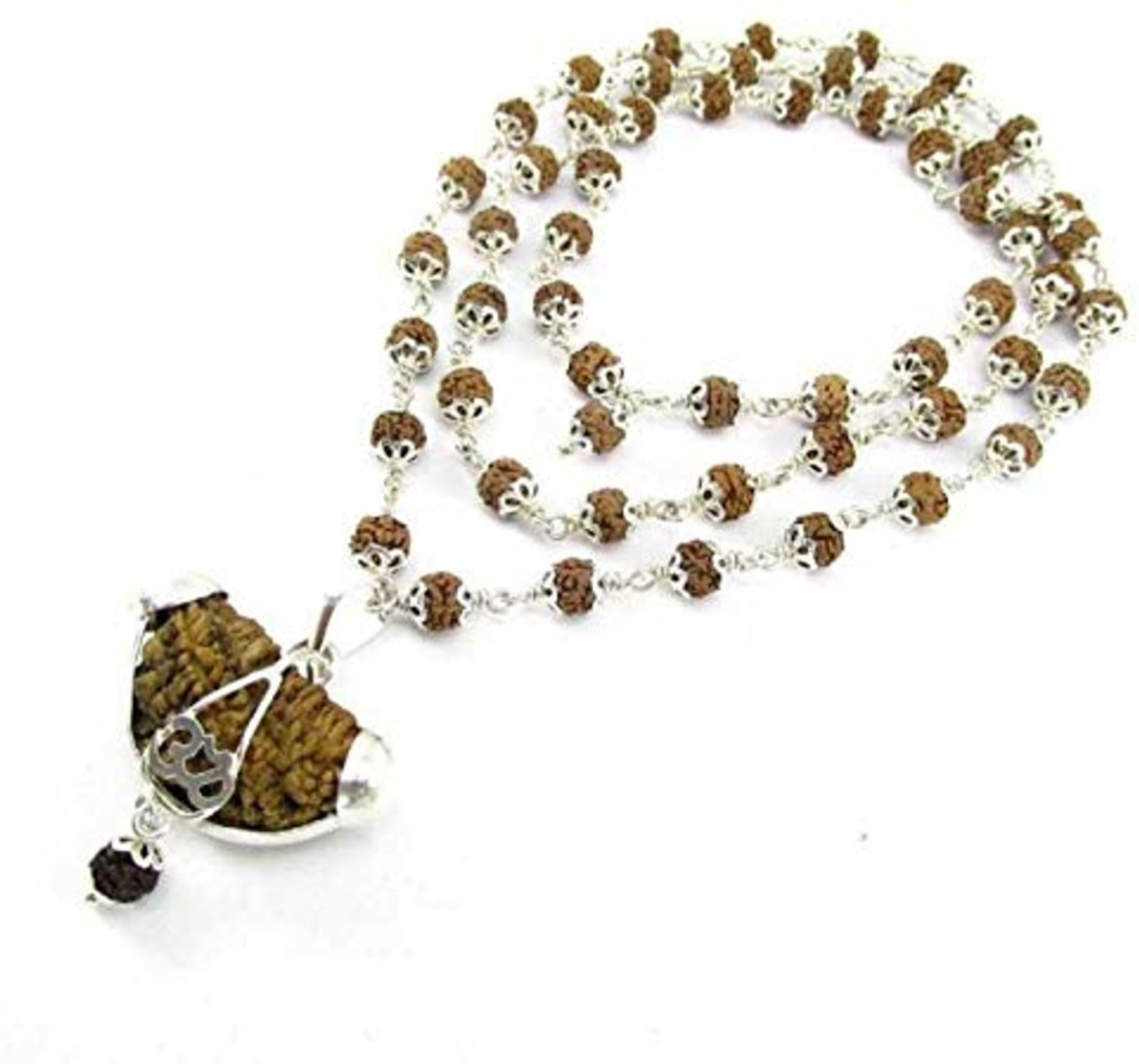 Image of RAM RATAN KENDRA 1 Mukhi + 5 Mukhi Rudraksha Silver Cap Mala(54+1 Beads) Silver Plated Rudraksha Chain