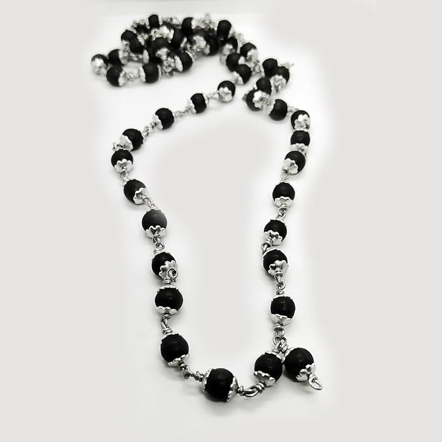 Image of Divine Drishti Silver Plated Original Karungali Malai 54 +1-Beads Ebony Wood with Certificate Wood Chain