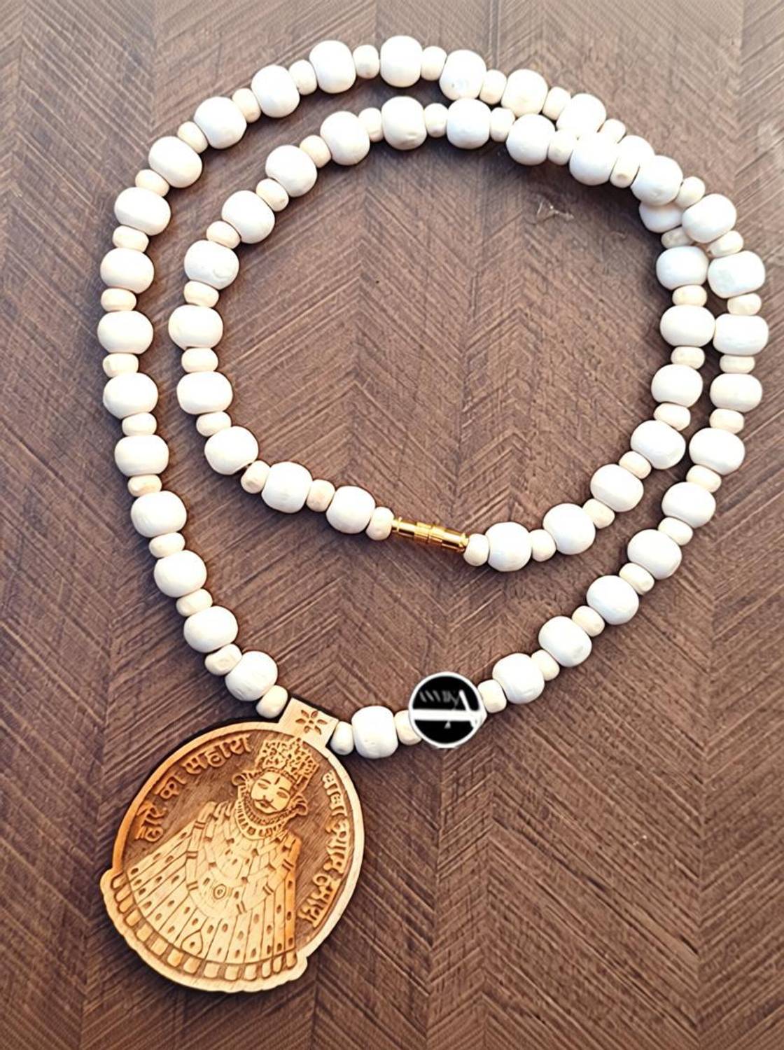 ANVIKA 10mm White Bead Khatu Shyam Ji Necklace White Bead Tulsi Mala Wood Necklace