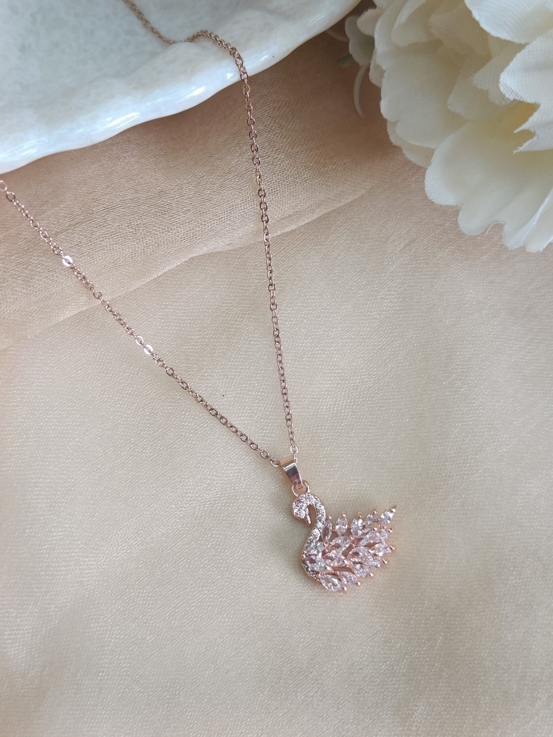Image of Peprika Rose Gold Plated White crystal Stone Studed Swan Necklace For Girls and women Cubic Zirconia Rhodium Plated Alloy Chain Set