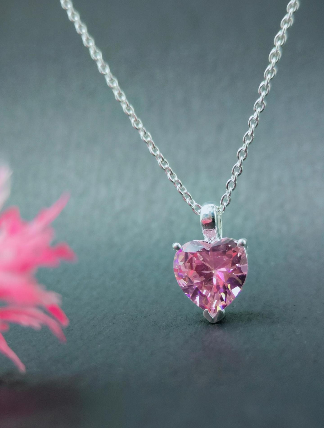 Image of arts on way 925 Pure Silver Chain with Pink Cubic Zirconia Heart Shape Pendant Necklace Cubic Zirconia Sterling Silver Chain
