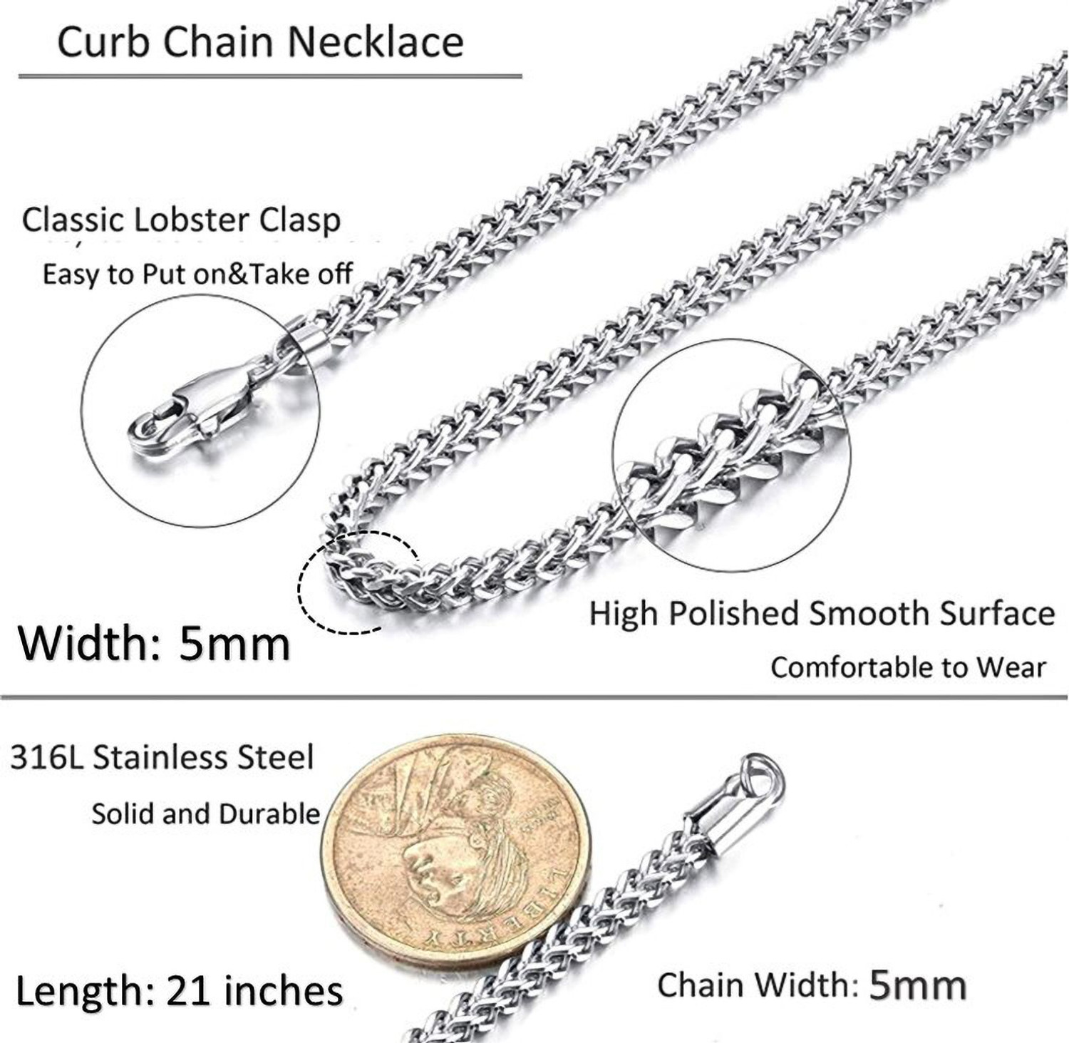 Image of Minprice High Quality Stainless Steel Silver 5mm Curb Necklace Chain for Men Boy Sterling Silver Plated Stainless Steel Chain
