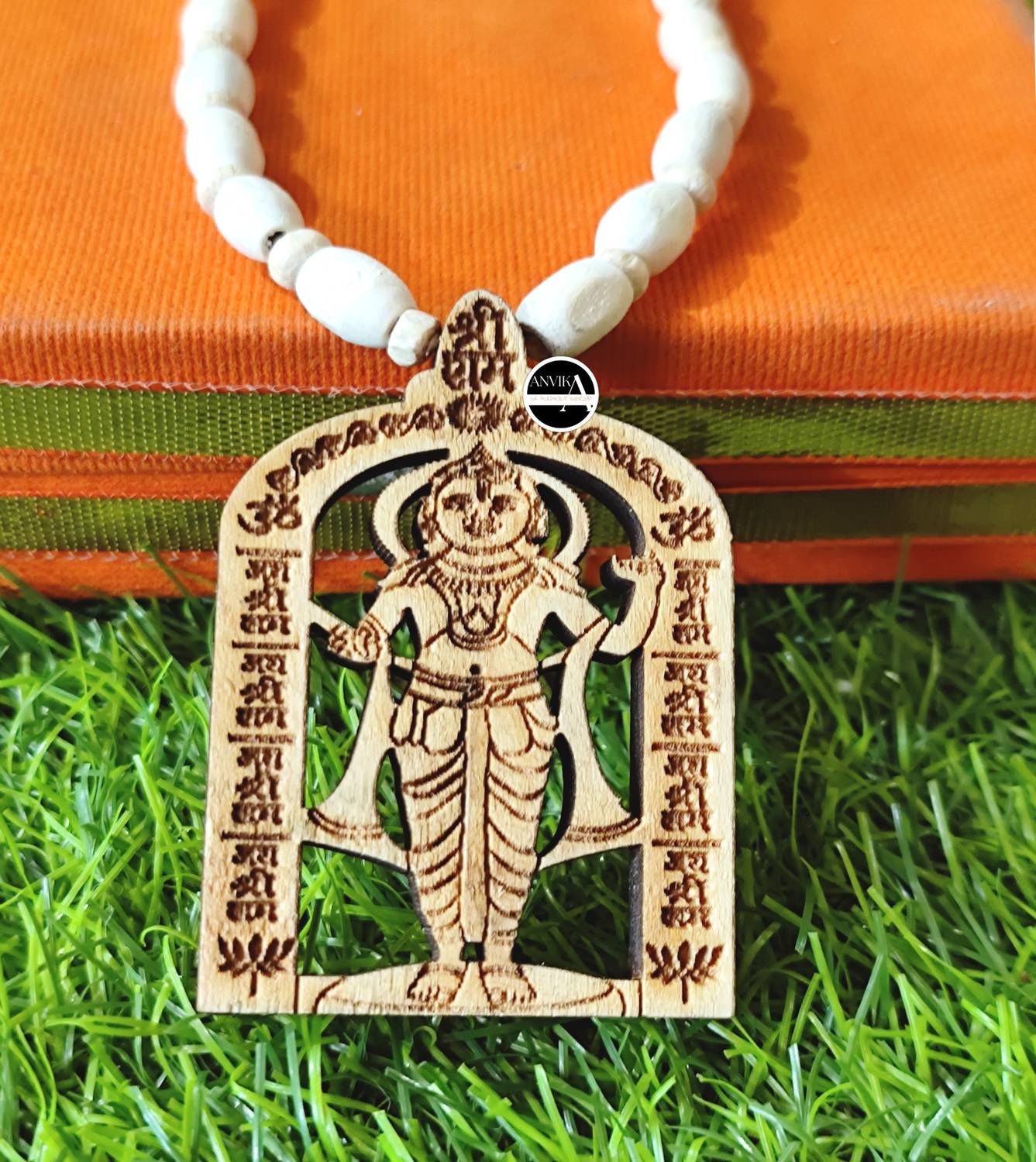 ANVIKA 10mm White Bead Necklace White Bead Tulsi Mala With Shri Ram Pendant Wood Necklace