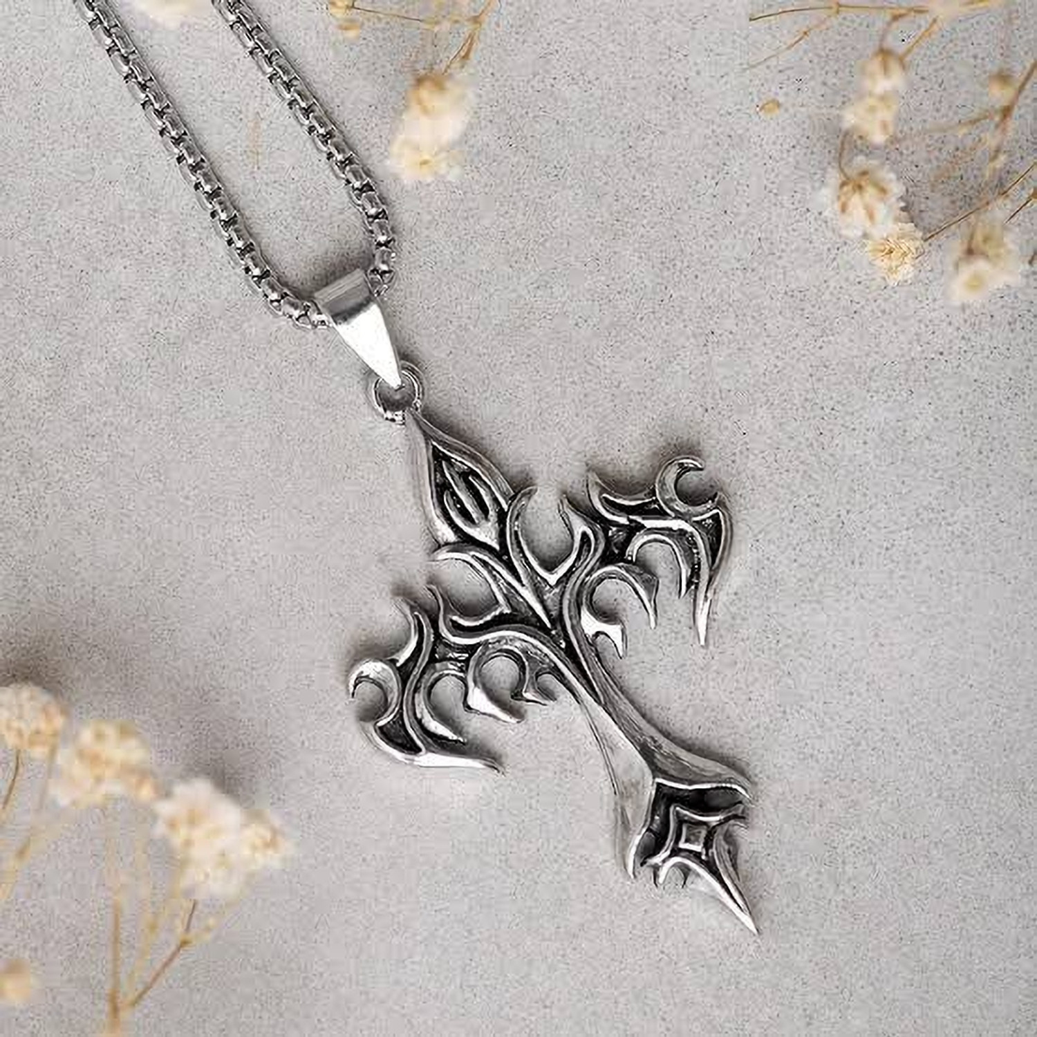 Image of Oscar Enterprises Pine Pearls Trending Jesus Cross Necklace For Men And Boys-04 Silver Plated Stainless Steel Chain