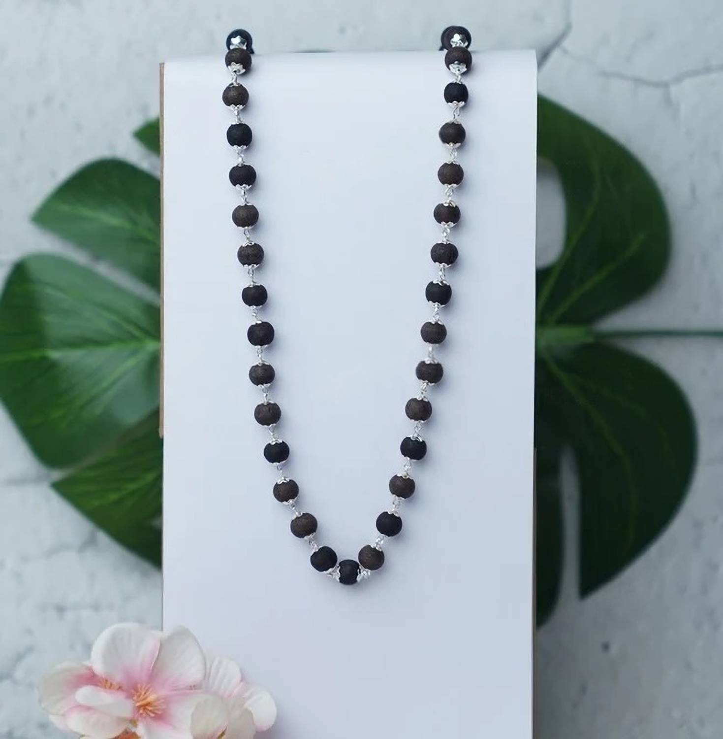 Airtick 8mm Karungali Beads Silver Chain Mala Ebony Wood Malai For Stress Relief,Healing Stone, Wood, Rudraksha Chain