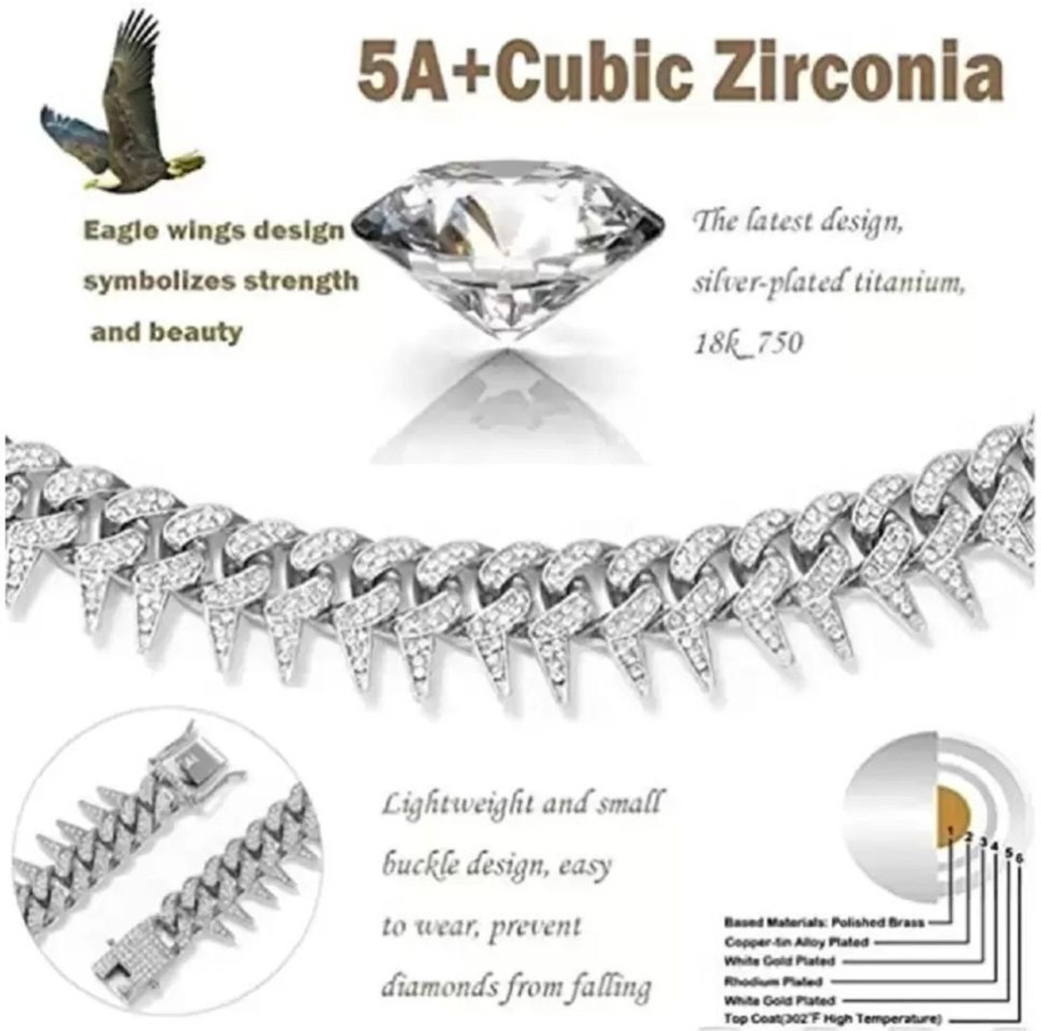 Image of Vivity Silver Kata Chain Hip hop Rapper Festive Party Fashion Stylish Cubic Zirconia Silver Plated Stainless Steel Chain