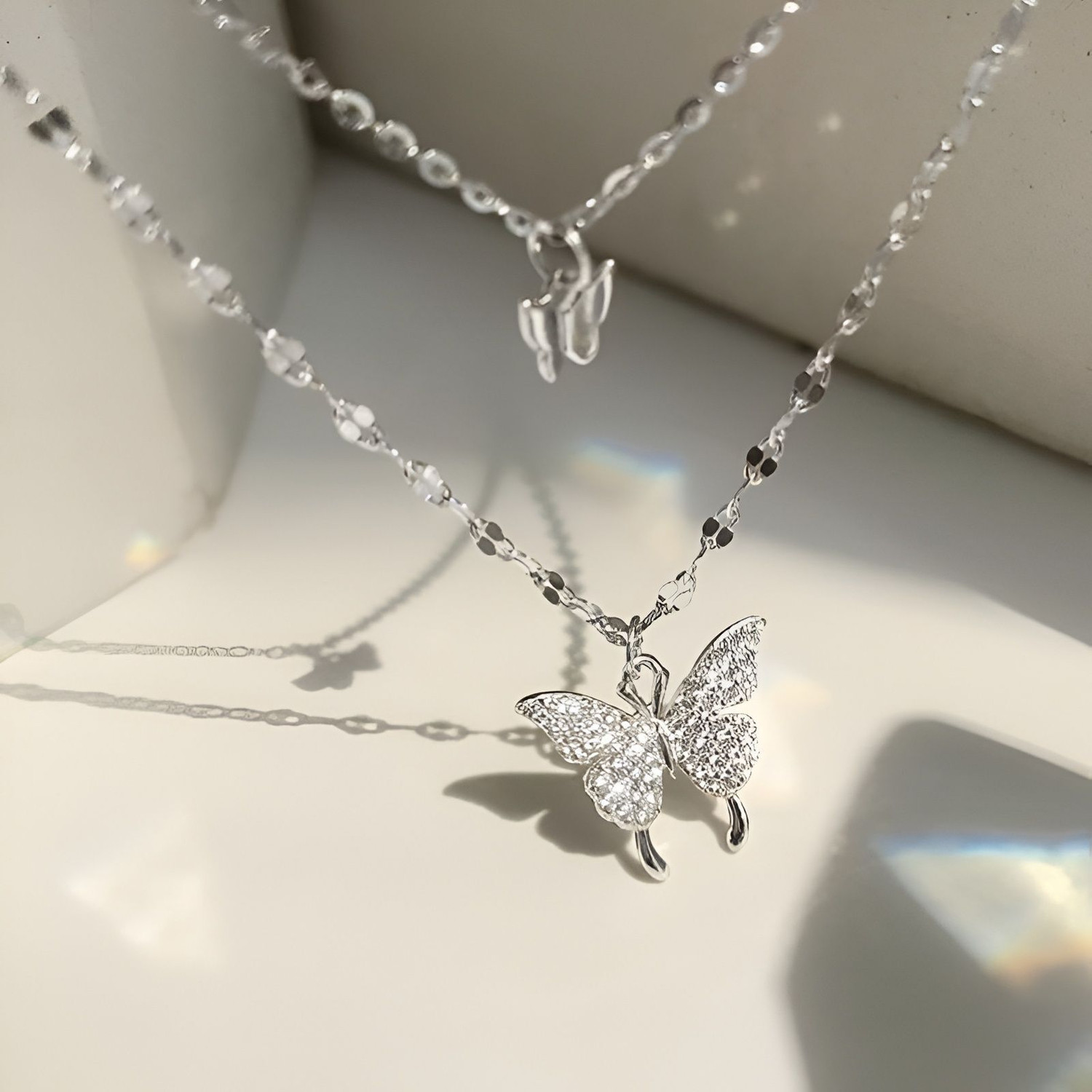 Image of silvia 925 Sterling Silver Double Layer Butterfly Pendant Necklace for Women & Girls Rhodium Plated Sterling Silver Necklace