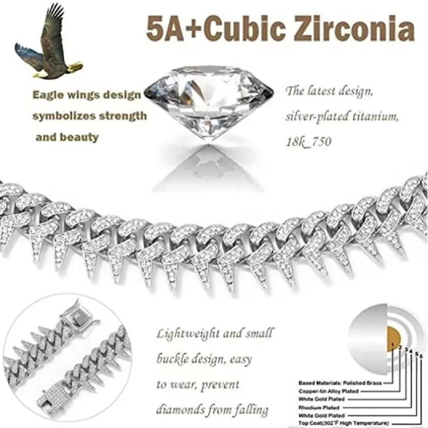 Image of Vivity Iced Out 18k Silver Chain Hip hop Rapper Festive Party Fashion Stylish Cubic Zirconia Sterling Silver Plated Stainless Steel Chain
