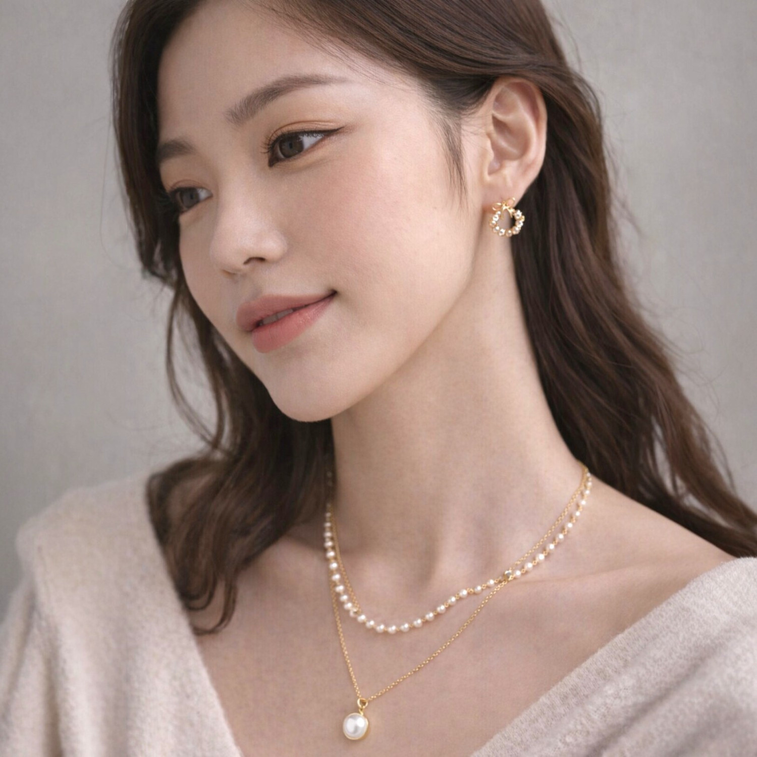 Image of Tiso Korean Pearl Gold Earrings & Chain Pendant Set for Women Girls Office Daily Wear Pearl, Cubic Zirconia, Crystal Alloy Chain Set