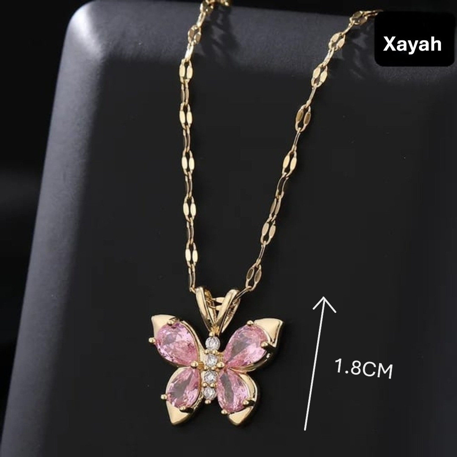 Image of XAYAH Anti Tarnish Gold Plated Pink Butterfly Pendant Dailywear Necklace Crystal Gold-plated Plated Stainless Steel Necklace