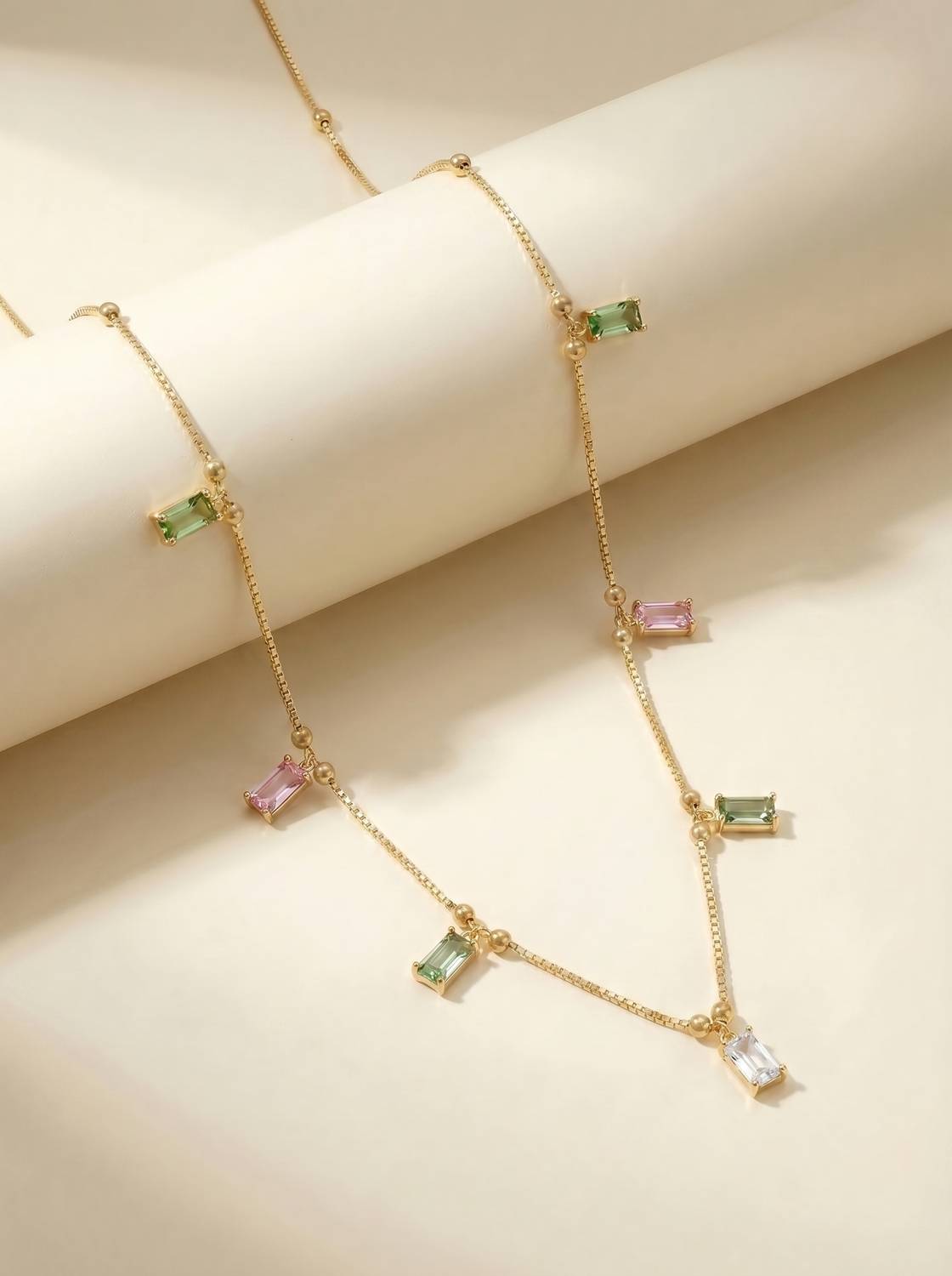 brado jewellery Pack of 1 Light Green & Baby Pink Baguette Shape Cubic Zirconia Ad Diamond Gold-plated Plated Brass Necklace