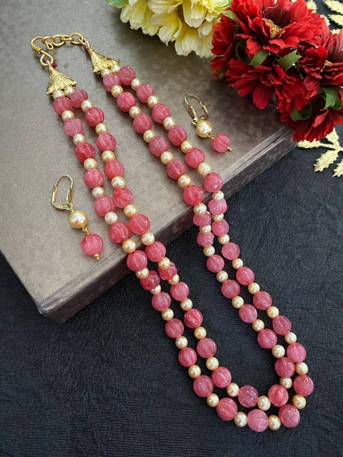 Beaded Stone Gold-plated Red Jewellery Set