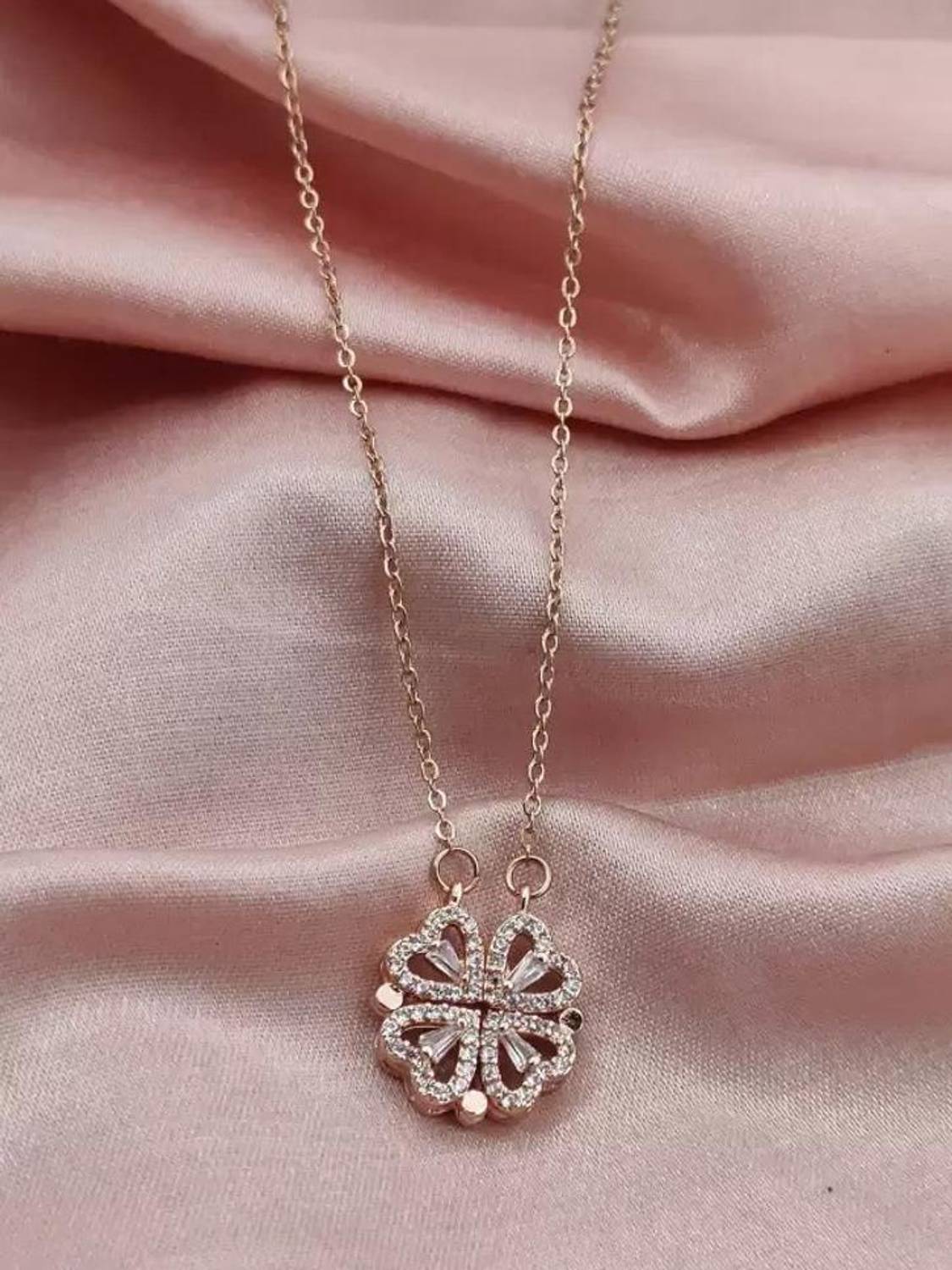 ACSS 2in1 Multi 4Heart Magnetic Toggle Pendant DiamondNecklace(RoseGold)(Women/Girls) Crystal Silver Plated Brass Chain