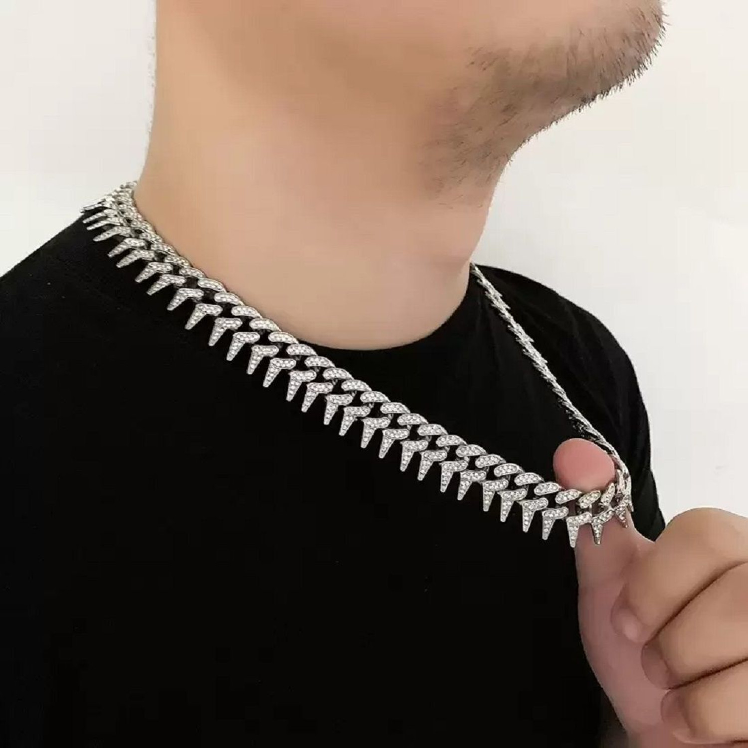 Image of Vivity Iced Out 18k Silver Chain Hip hop Rapper Festive Party Fashion Stylish Cubic Zirconia Sterling Silver Plated Stainless Steel Chain