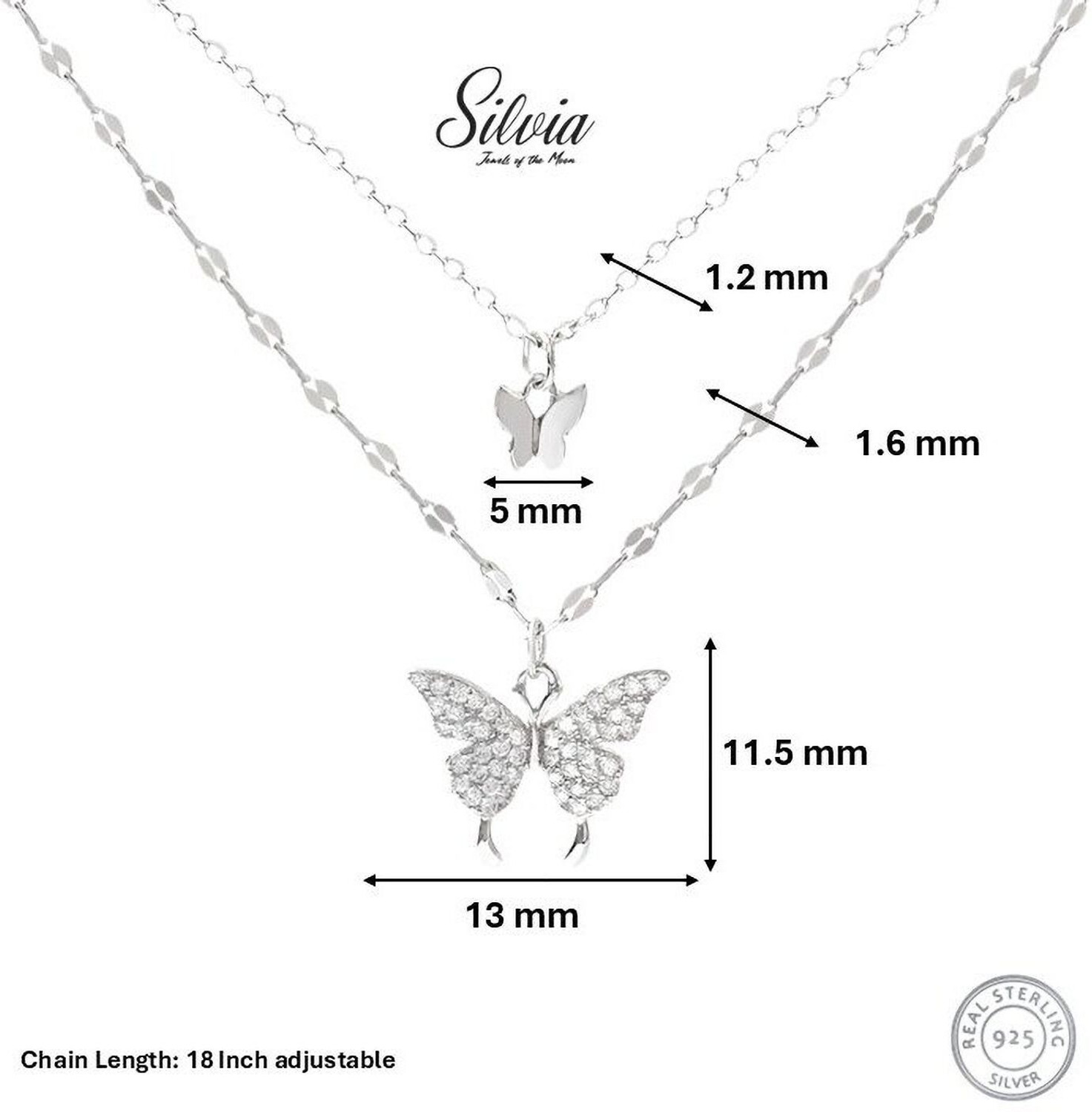 Image of silvia 925 Sterling Silver Double Layer Butterfly Pendant Necklace for Women & Girls Rhodium Plated Sterling Silver Necklace