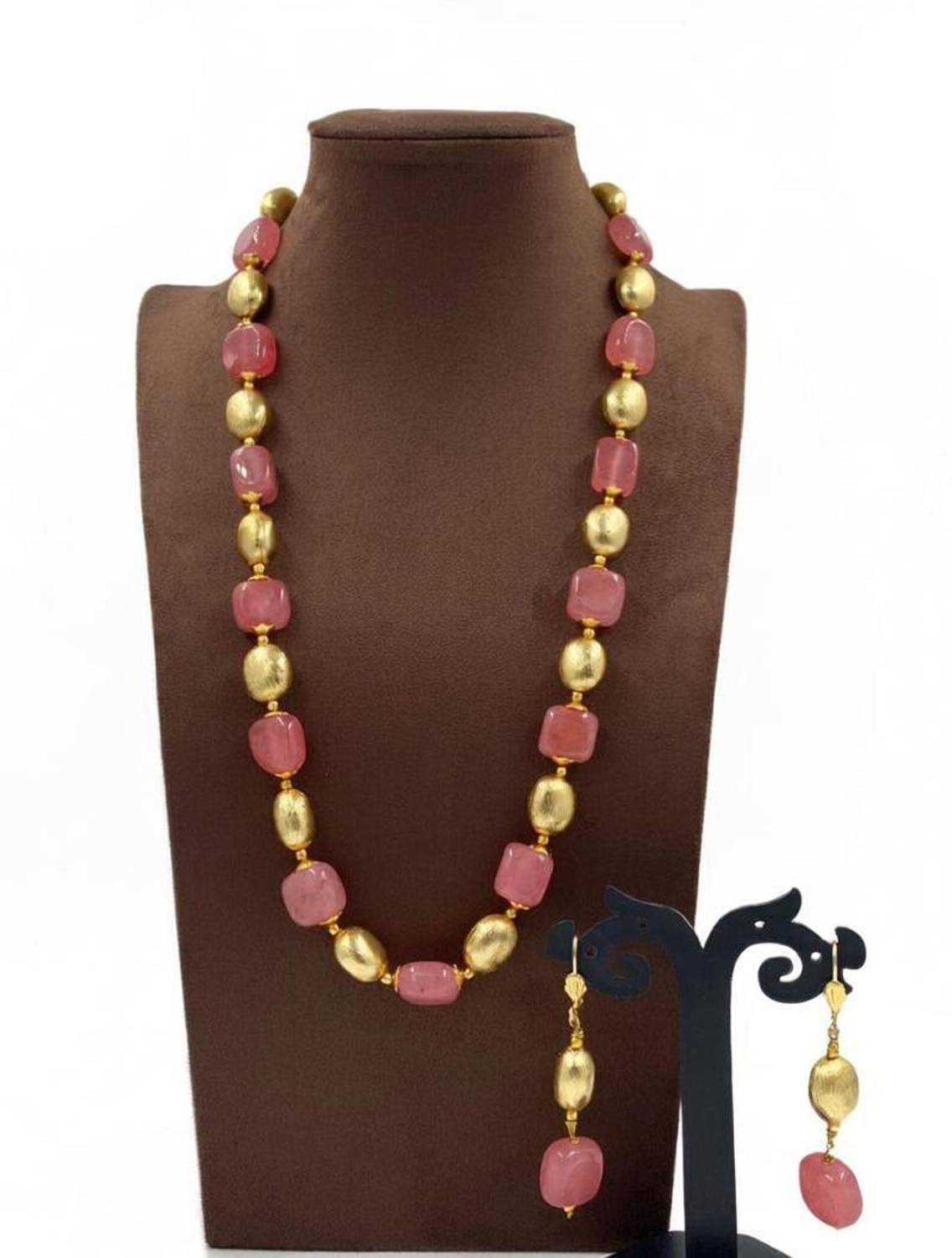 Beaded Hydro Pink Beaded Layered Gold Color Necklace for women - 18-20 Inches- 1 Line Quartz Stone Necklace
