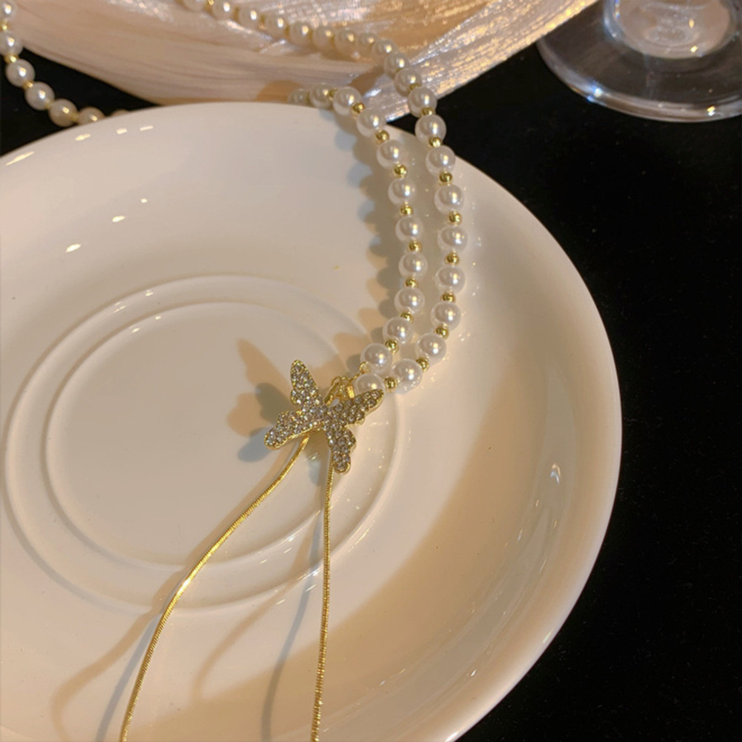 Image of TheVineGirl Golden Chain Pearl Butterfly Chain Necklace For Women Girls Gold-plated Plated Stainless Steel Necklace