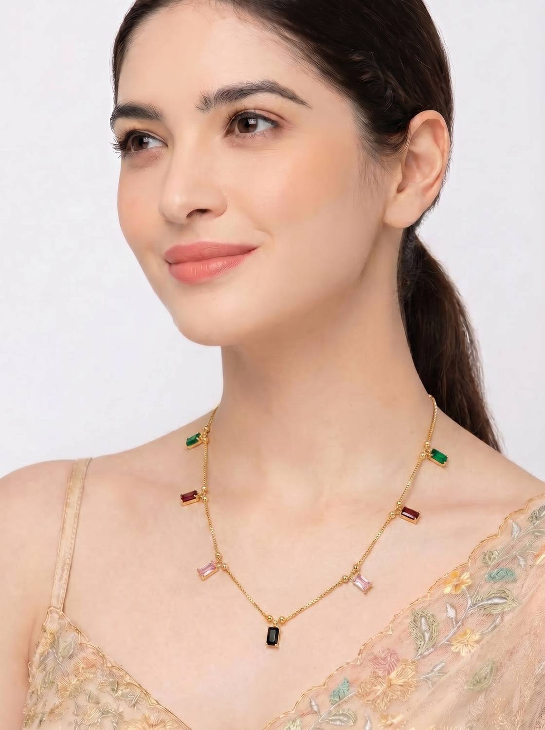 brado jewellery Pack of 1 Multicolor Baguette Shape Cubic Zirconia (American Diamond) Necklace Diamond Gold-plated Plated Brass Necklace