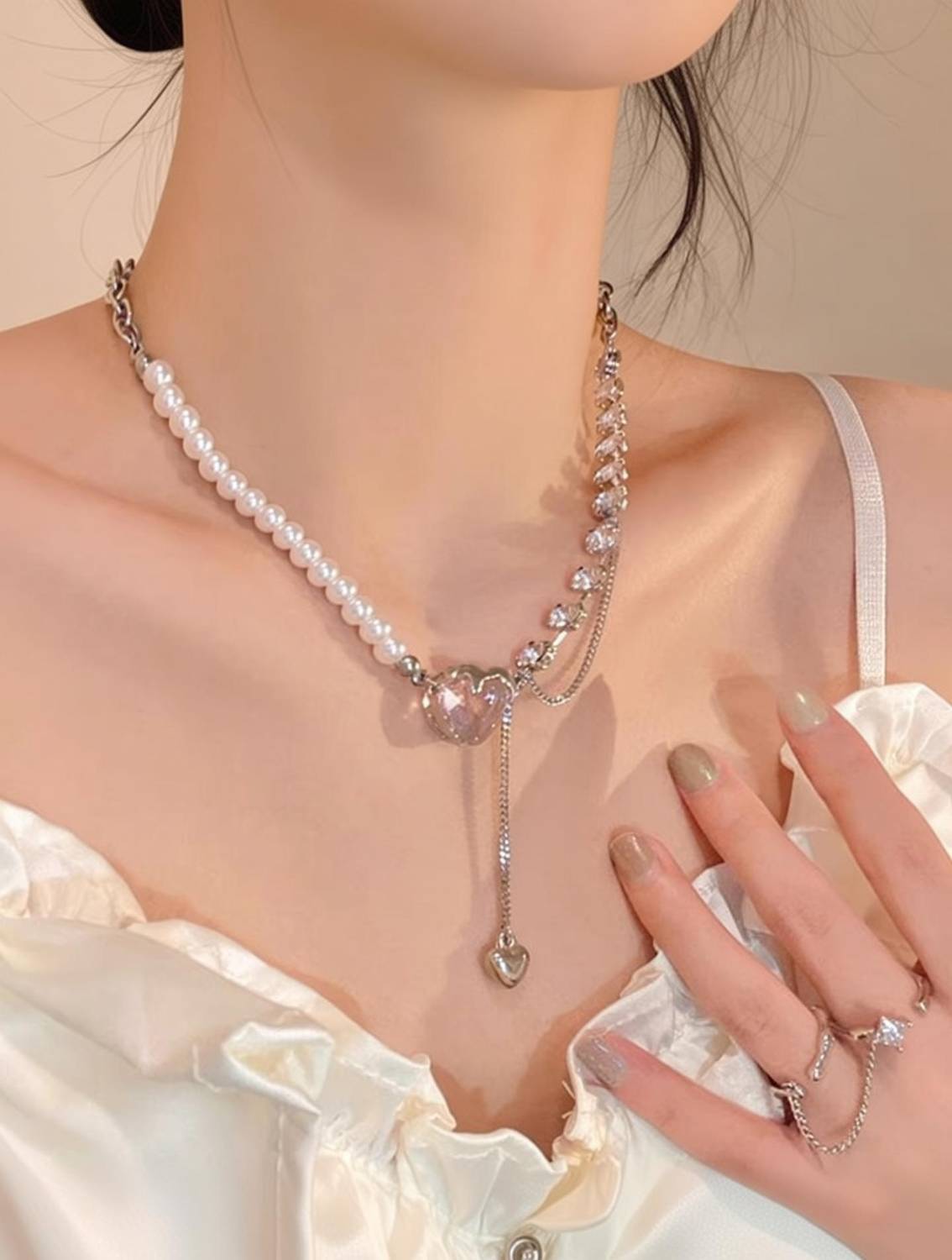 BLINKLOOK Necklace For Women Layered Chain Pendant For Women Girls Korean Jewellery Beads, Rose Quartz, Pearl, Cubic Zirconia Gold-plated Plated Alloy Necklace